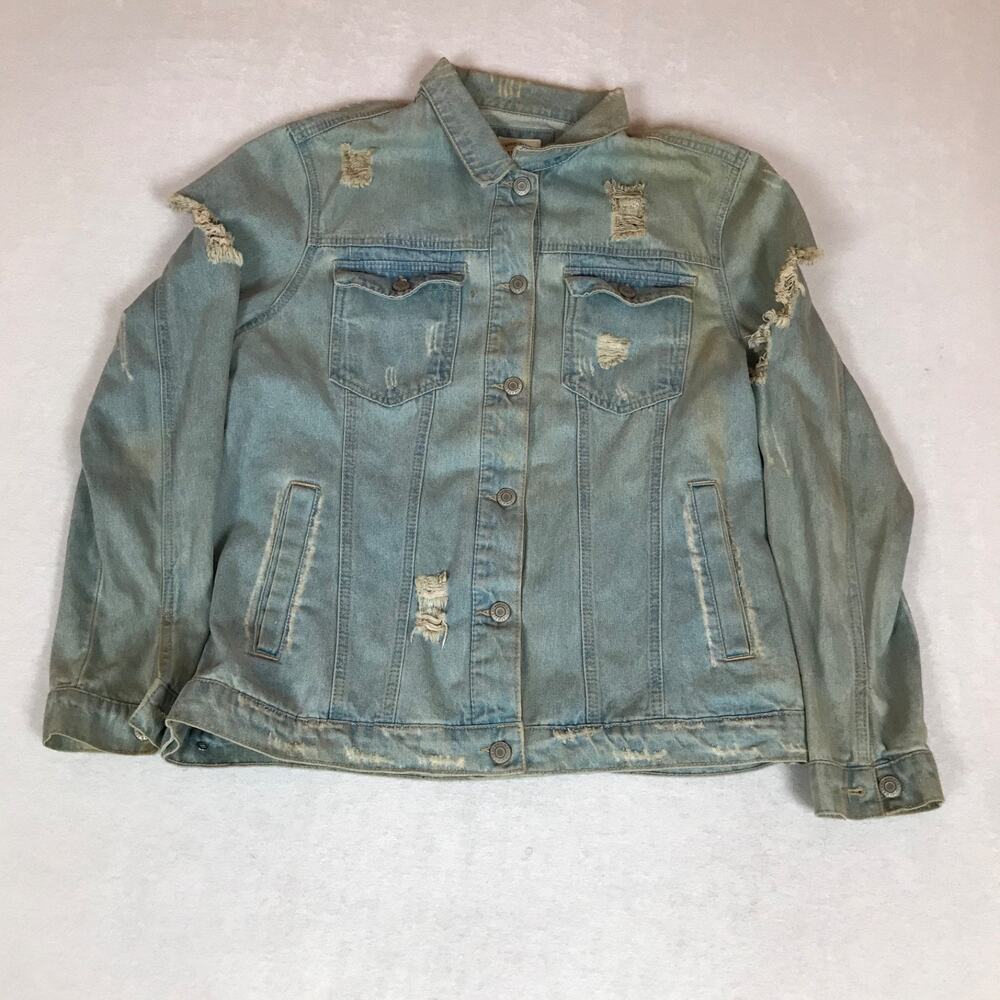 Wax Jean Light Blue Distressed Ripped Basic Denim Jean Jacket Large